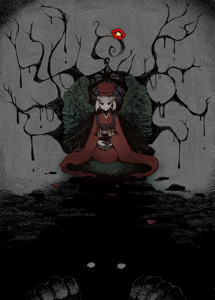 1girl absurdres black_eyes blunt_ends closed_mouth cup dripping fate/grand_order fate_(series) flower ghost_hands grey_background highres holding holding_cup japanese_clothes kimono looking_at_viewer red_flower red_headwear red_kimono seiza sen_no_rikyu_(fate) shinanono short_hair sitting smile solo white_hair wide_shot