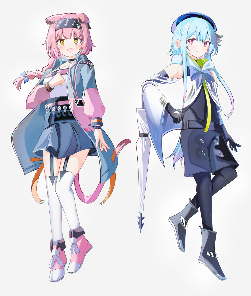 1boy 1girl :d absurdres animal_ears arknights bare_shoulders beret black_gloves black_hairband black_pantyhose black_shirt black_shorts blue_bow blue_hair blue_headwear blue_skirt boots bow braid breasts brown_eyes cat_ears cat_girl cat_tail closed_mouth creator_connection elbow_gloves garter_straps gloves goldenglow_(arknights) gradient_hair grey_background grey_footwear grey_jacket hair_between_eyes hair_bow hairband hat highres jacket lightning_bolt_print long_hair long_sleeves medium_breasts mizuki_(arknights) multicolored_hair open_clothes open_jacket pantyhose pantyhose_under_shorts pink_footwear pink_hair print_hairband puffy_long_sleeves puffy_sleeves shirt shorts simple_background single_braid skirt sleeveless sleeveless_shirt smile spam_(spamham4506) tail thigh-highs very_long_hair violet_eyes white_shirt white_thighhighs