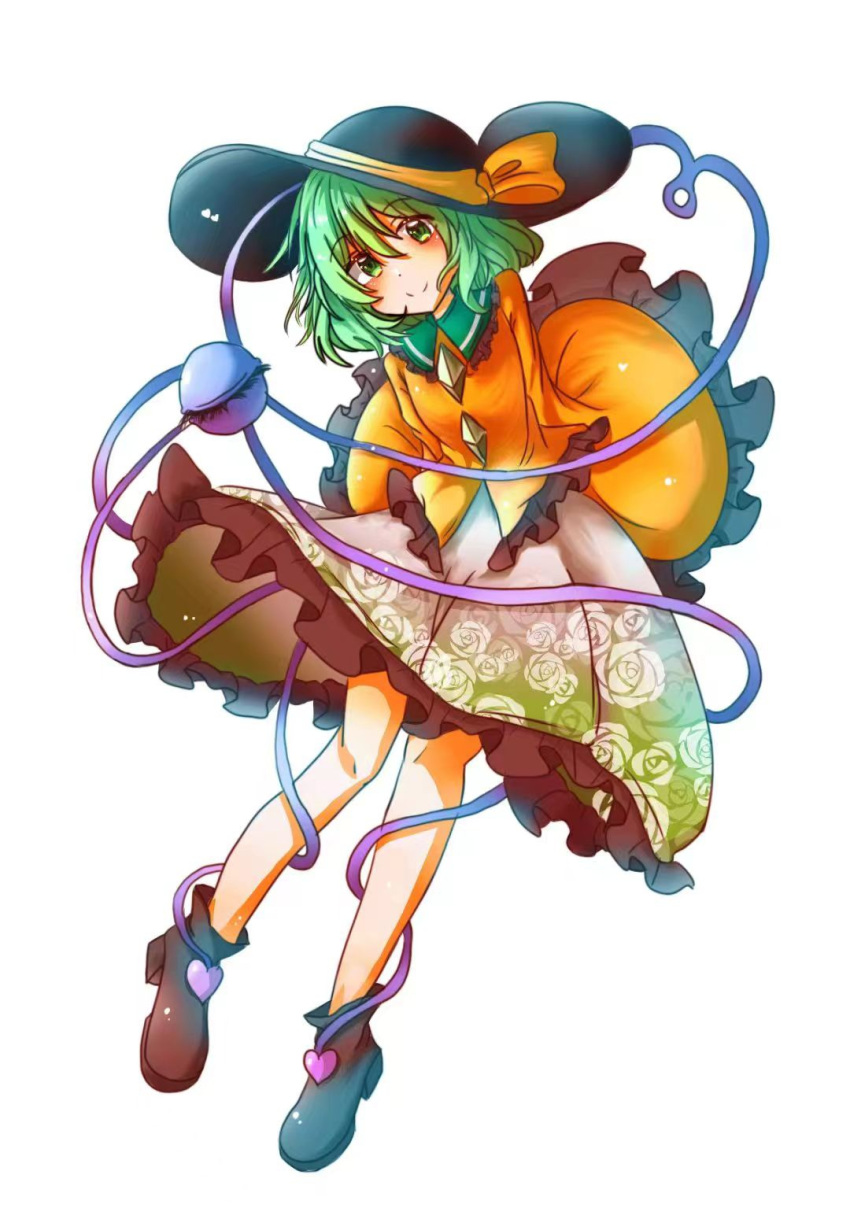 1girl black_footwear black_headwear buttons chinese_commentary closed_mouth commentary_request diamond_button flat_chest floral_print frilled_shirt frilled_shirt_collar frilled_skirt frilled_sleeves frills full_body green_eyes green_hair green_skirt hat hat_ribbon heart highres komeiji_koishi long_sleeves mahoushaojiulilika05836 medium_hair ribbon shirt simple_background skirt smile solo third_eye touhou white_background wide_sleeves yellow_shirt