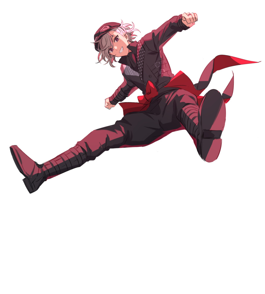 1boy black_headwear black_jacket black_pantyhose bow clenched_hands commentary_request full_body grey_hair grin hat highres jacket jumping long_sleeves looking_at_viewer looking_down male_focus on_air! outstretched_arms pantyhose red_bow sekina short_hair simple_background smile solo spread_arms spread_legs toma_rin_(on_air!) violet_eyes white_background