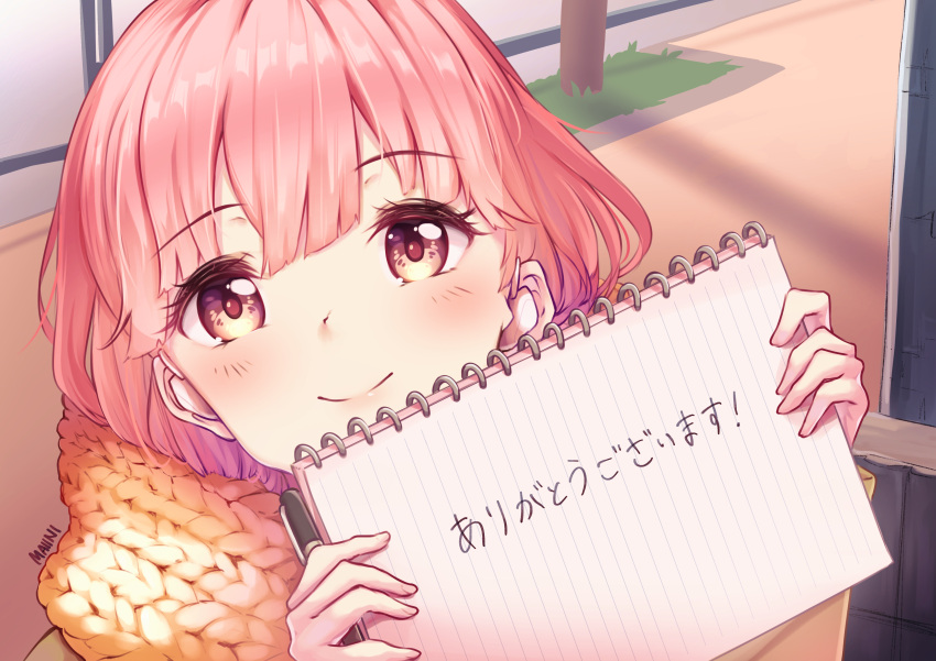 1girl absurdres blush closed_mouth derivative_work english_commentary highres holding holding_notebook holding_pen itose_yuki maiini notebook orange_scarf pen pink_eyes pink_hair scarf screencap_redraw smile solo translation_request yubisaki_to_renren