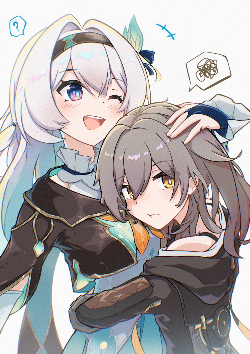 2girls :d :t ? black_hairband black_jacket bloodzmoon blue_hair blue_jacket blue_pupils blush breasts bridal_gauntlets closed_mouth collared_shirt cropped_jacket dot_nose firefly_(honkai:_star_rail) gradient_hair grey_hair hair_between_eyes hair_intakes hairband hand_on_another's_head highres honkai:_star_rail honkai_(series) hood hood_down hooded_jacket hug jacket long_hair looking_ahead looking_at_viewer multicolored_hair multiple_girls neckerchief one_eye_closed one_side_up open_mouth orange_eyes orange_neckerchief pink_eyes pout shirt sidelocks simple_background sleeveless sleeveless_shirt small_breasts smile spoken_question_mark spoken_squiggle squiggle stelle_(honkai:_star_rail) teeth trailblazer_(honkai:_star_rail) two-sided_fabric two-sided_jacket upper_body upper_teeth_only white_background white_hair white_shirt yuri