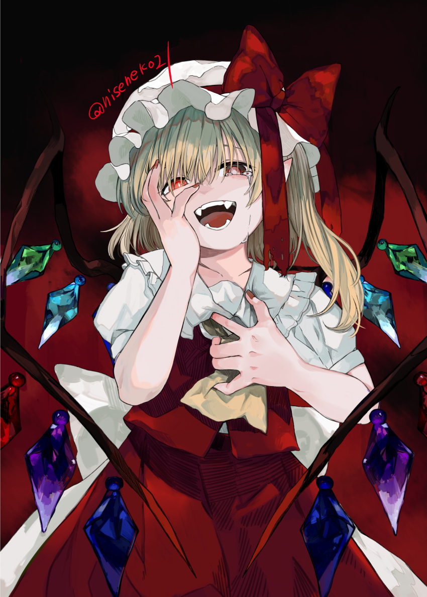 1girl absurdres ascot blonde_hair bow crying crying_with_eyes_open crystal crystal_wings embodiment_of_scarlet_devil fangs flandre_scarlet hand_on_own_chest hand_on_own_face hat hat_belt hat_ribbon highres long_hair looking_at_viewer mob_cap multicolored_wings niseneko_(mofumofu_ga_ienai) one_side_up open_mouth puffy_short_sleeves puffy_sleeves red_bow red_eyes red_skirt red_vest ribbon shirt short_hair short_sleeves side_ponytail skirt skirt_set smile solo tearing_up tears touhou vest white_headwear wings yellow_ascot