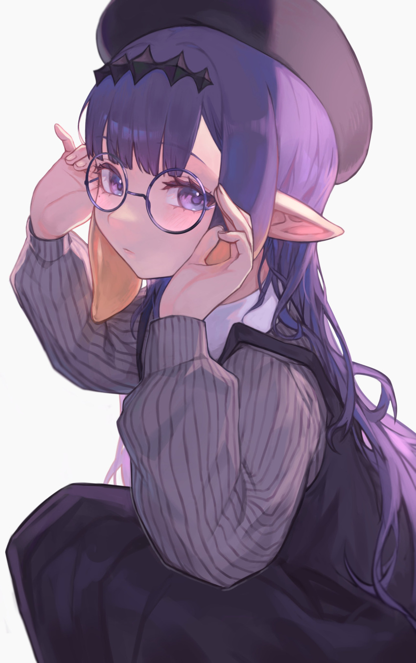 1girl absurdres adjusting_eyewear beret black_dress black_headwear blunt_bangs blush center-flap_bangs closed_mouth commentary dress english_commentary eyelashes glasses gradient_hair grey_shirt hands_up hat highres hololive hololive_english kiwwwwwi long_hair long_sleeves looking_at_viewer looking_to_the_side multicolored_hair ninomae_ina'nis ninomae_ina'nis_(casual) official_alternate_costume orange_hair pinafore_dress pinstripe_pattern pinstripe_shirt pointy_ears puffy_long_sleeves puffy_sleeves purple_hair round_eyewear shirt sidelocks simple_background sleeveless sleeveless_dress solo striped_clothes striped_shirt tentacle_hair vertical-striped_clothes vertical-striped_shirt very_long_hair violet_eyes virtual_youtuber white_background