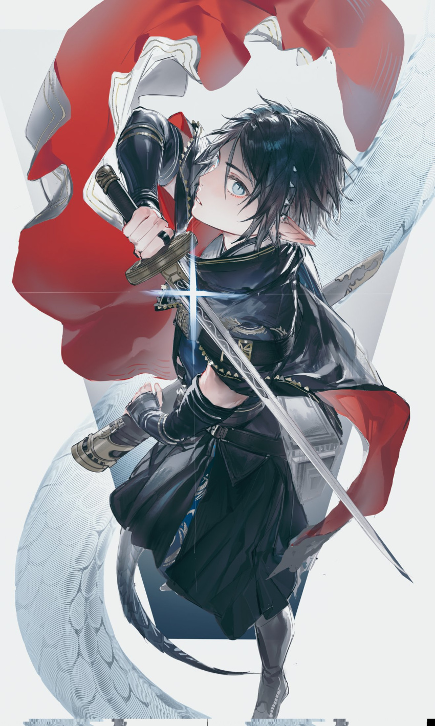 1boy animal_ears arknights black_hair blonde_hair blue_eyes cape closed_mouth earrings highres holding holding_sword holding_weapon horns jewelry long_hair looking_at_viewer male_focus pointy_ears shirt simple_background skolly solo sword tail weapon white_background zuo_le_(arknights)