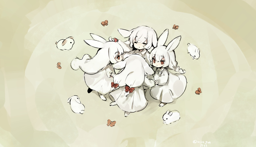 4girls :&lt; animal animal_ears animal_feet bow braid bug butterfly child commentary_request dancing dress expressionless hair_between_eyes hair_bow highres long_dress long_hair long_sleeves looking_at_another lop_rabbit_ears low_twintails multiple_girls no_shoes original personification puffy_long_sleeves puffy_sleeves rabbit rabbit_ears rabbit_girl red_bow red_butterfly red_eyes shirokujira short_hair_with_long_locks sidelocks signature simple_background twin_braids twintails twitter_username white_dress white_hair