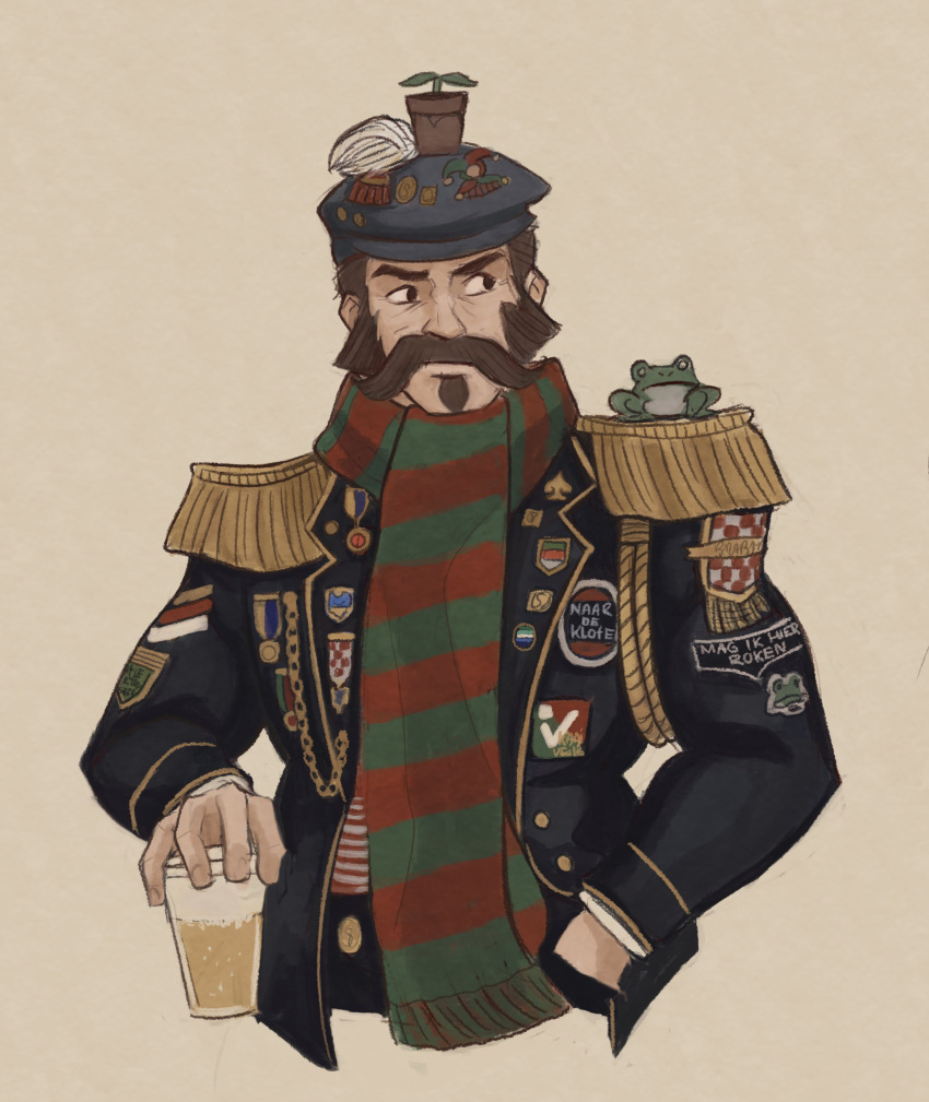 1boy absurdres alcohol alternate_costume beard beer costume_request cropped_torso cup epaulettes facial_hair frog graves_(league_of_legends) highres holding holding_cup league_of_legends long_mustache looking_to_the_side male_focus mature_male military_uniform mutton_chops plant_on_head scarf short_hair solo tesnuzzik thick_eyebrows thick_mustache uniform