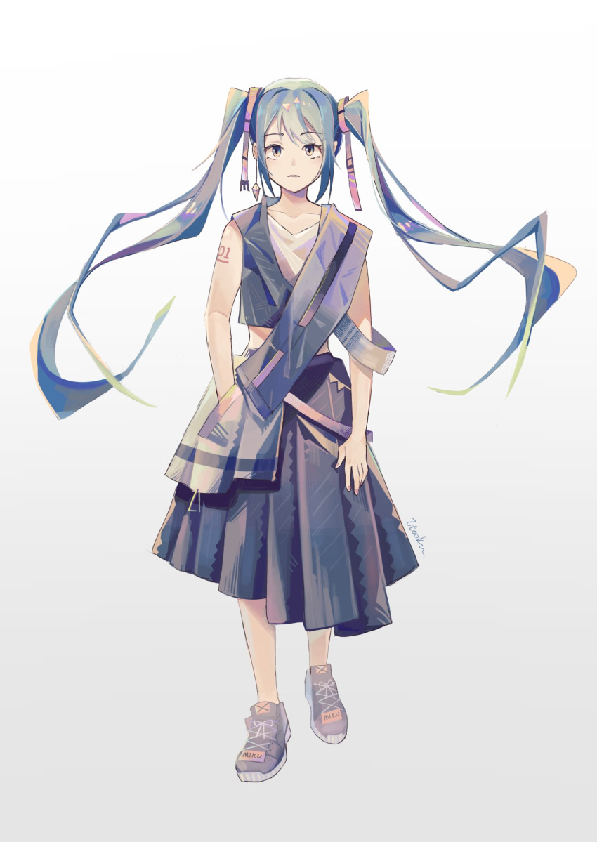 1girl arm_tattoo blue_eyes blue_hair crypton_future_media dress hatsune_miku highres itooku long_hair looking_at_viewer multicolored_eyes shoes tattoo twintails yellow_eyes