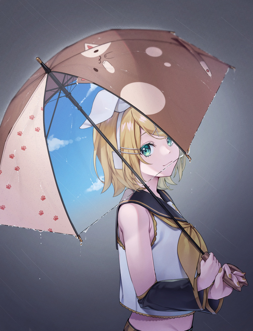 1girl :3 absurdres animal_print aqua_eyes arm_warmers bare_shoulders belt black_sailor_collar blonde_hair blue_sky bow brown_umbrella cat_print closed_mouth clouds cropped_shirt from_side green_eyes grey_background hair_bow hair_ornament hairclip headphones highres holding holding_umbrella inu8neko kagamine_rin looking_at_viewer looking_to_the_side midriff nail_polish neckerchief paw_print print_umbrella rain sailor_collar shirt short_hair simple_background sky smile solo swept_bangs umbrella upper_body vocaloid water white_shirt yellow_nails yellow_neckerchief