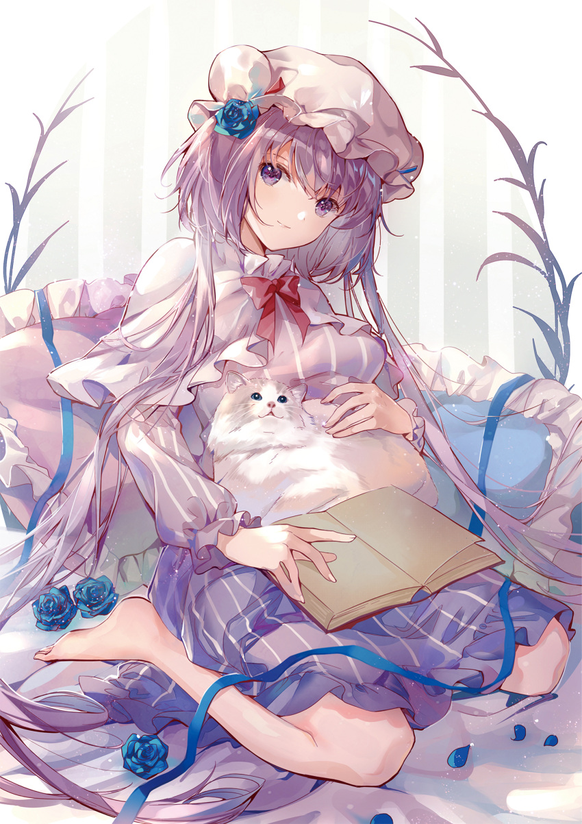 1girl absurdly_long_hair alternate_costume alternate_hair_color alternate_hairstyle animal animal_on_lap bare_legs barefoot blue_dress blue_flower blue_ribbon blue_rose book bow bowtie capelet cat cat_on_lap closed_mouth cosplay dress flower frilled_capelet frilled_dress frilled_hat frilled_pillow frilled_sleeves frills full_body gradient_dress hair_flower hair_ornament hair_spread_out hat head_tilt highres holding holding_animal holding_cat kita_(kitairoha) light_particles long_hair long_sleeves looking_at_viewer looking_up mob_cap non-web_source on_bed on_lap patchouli_knowledge patchouli_knowledge_(cosplay) petting pillow plant purple_capelet purple_dress purple_hair red_bow red_bowtie red_ribbon ribbon rose scan short_hair_with_long_locks sidelocks sitting smile solo striped_background striped_clothes striped_dress touhou tsukumo_benben two-tone_dress vertical-striped_clothes vertical-striped_dress very_long_hair violet_eyes wariza white_cat