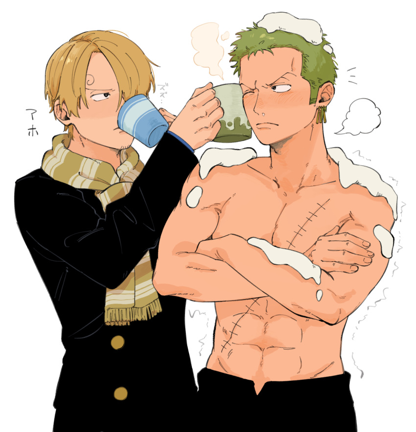 2boys abs annoyed black_coat black_pants blonde_hair blush buttons coat collarbone commentary cropped_legs crossed_arms cup curly_eyebrows drinking earrings facial_hair green_hair hair_over_one_eye highres holding holding_cup iqracha jewelry long_bangs male_focus multiple_boys muscular muscular_male one_eye_closed one_piece pants roronoa_zoro sanji_(one_piece) scar scar_on_chest scarf short_hair simple_background single_earring snot snow snow_on_body snow_on_head steam stubble topless_male translated trembling v-shaped_eyebrows white_background yellow_scarf