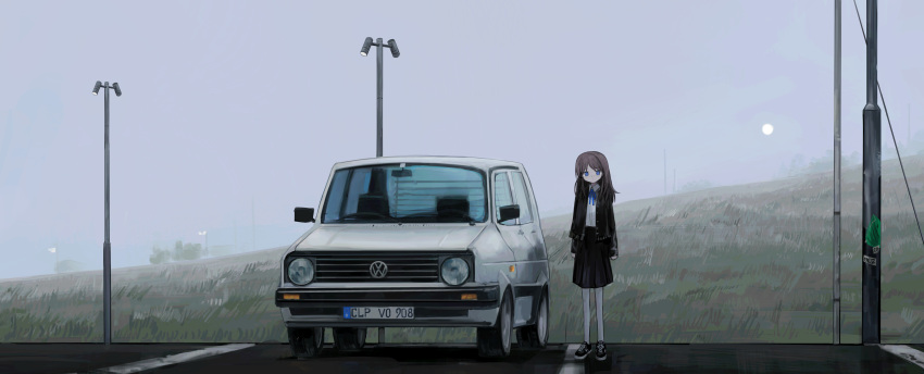 1girl absurdres arms_at_sides black_cardigan black_skirt blue_eyes blue_ribbon brown_hair car cardigan collared_shirt commentary day dress_shirt english_commentary fog full_moon grass hairo_(r228n) highres hill lamppost long_hair long_sleeves looking_at_viewer moon moon_in_daylight motor_vehicle neck_ribbon open_cardigan open_clothes original outdoors pantyhose parking_lot ribbon scenery shirt shirt_tucked_in shoes skirt sneakers solo standing volkswagen volkswagen_golf white_pantyhose white_shirt wide_shot