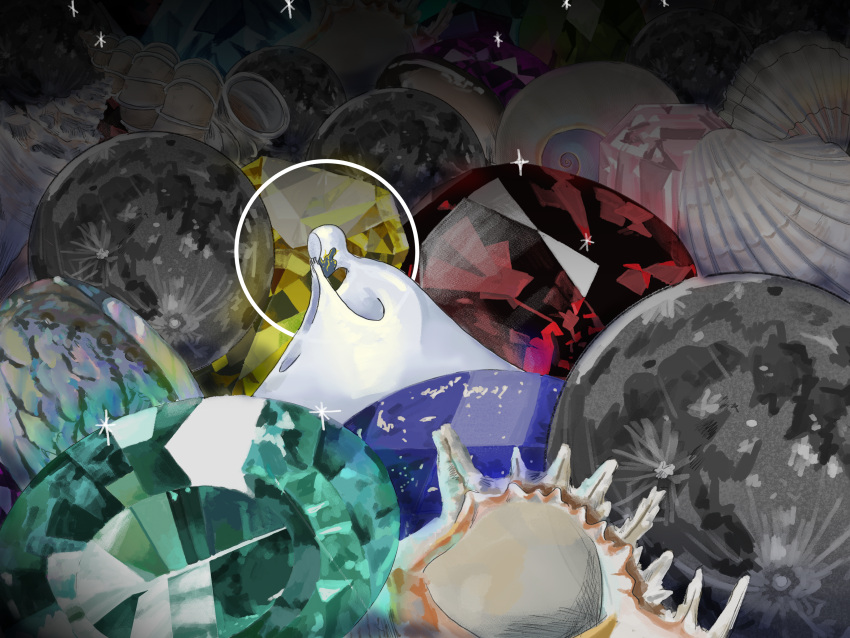 1other absurdres blue_gemstone cloak commentary_request eyeball faceless from_side gem green_gemstone halo hands_on_own_face highres houseki_no_kuni no_ira orb other_focus phosphophyllite phosphophyllite_(10000) pink_gemstone planet purple_gemstone red_gemstone sad seashell shell sitting solo sparkle spoilers surreal white_cloak yellow_gemstone