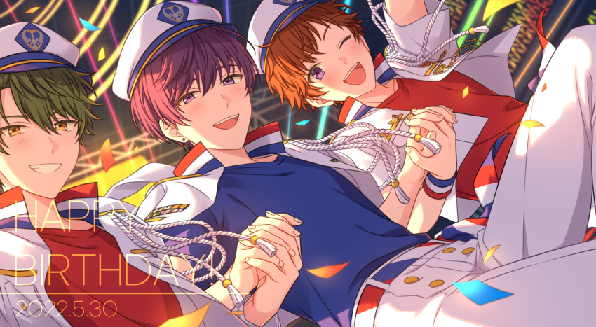 3boys armband blue_shirt blush commentary_request confetti cropped_jacket dated feet_out_of_frame glowstick green_hair grin hand_up hands_up happy_birthday hat highres holding_hands jacket kamiya_inori kojo_arata kokuyo_mamoru looking_at_viewer multiple_boys on_air! one_eye_closed open_mouth orange_hair pants penlight_(glowstick) purple_hair red_shirt sailor_hat sekina shirt short_hair smile stadium tassel teeth upper_body upper_teeth_only violet_eyes white_headwear white_jacket white_pants yellow_eyes