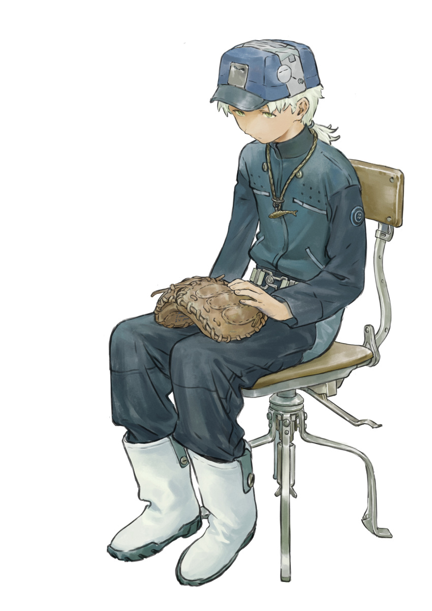 1boy absurdres baseball_mitt black_pants blue_headwear blue_shirt boots chair chenrong96 fish_pendant full_body hat highres jewelry long_sleeves male_focus original pants pendant shirt simple_background sitting solo white_background white_footwear