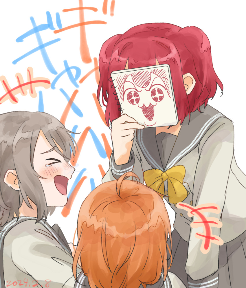 &gt;_&lt; +++ 3girls ahoge akisuteno_(akisuteno49) bow bowtie commentary commentary_request cyaron_(love_live!) dated grey_hair grey_sailor_collar grey_skirt highres holding holding_sketchbook kurosawa_ruby laughing long_sleeves looking_at_another love_live! love_live!_sunshine!! multiple_girls open_mouth orange_hair pleated_skirt redhead rina-chan_board sailor_collar school_uniform short_hair sidelocks sketchbook skirt takami_chika tears upper_body uranohoshi_school_uniform watanabe_you white_background winter_uniform yellow_bow yellow_bowtie