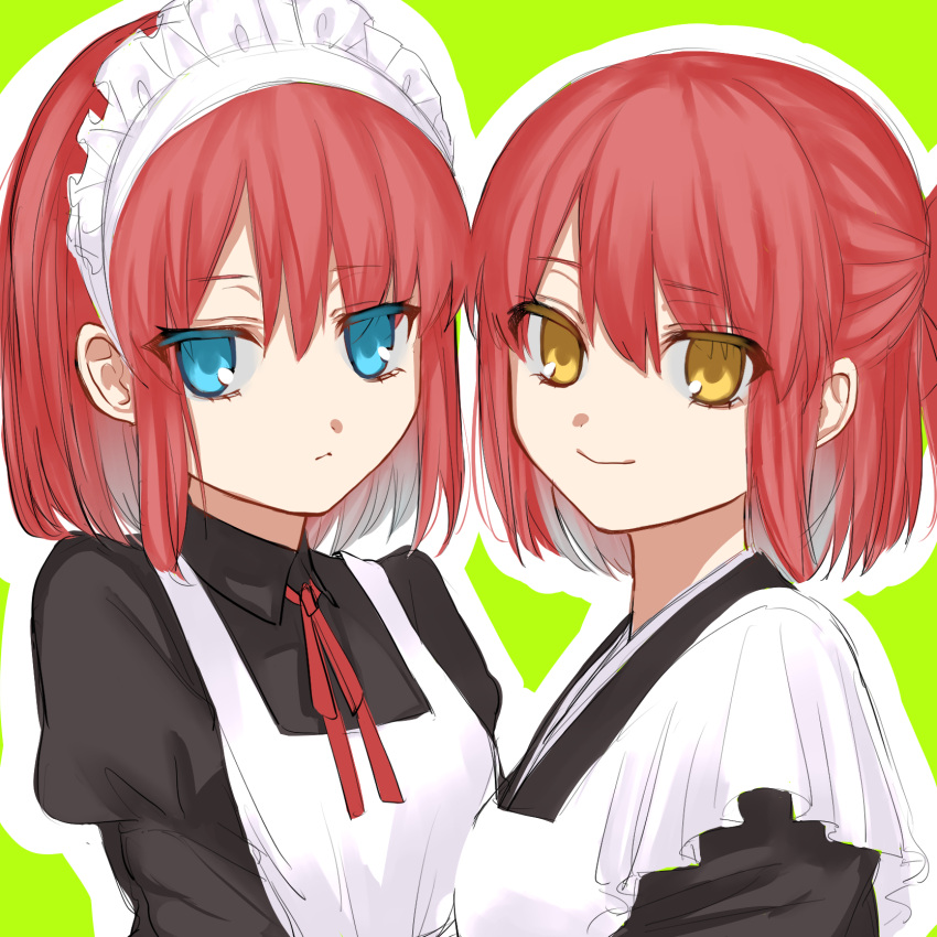 2girls apron black_dress blue_eyes closed_mouth collared_dress coyote_(moramoramorayay) dress green_background highres hisui_(tsukihime) kohaku_(tsukihime) looking_at_viewer maid maid_apron maid_headdress multiple_girls neck_ribbon outline ponytail portrait red_ribbon redhead ribbon short_hair siblings simple_background sisters smile tsukihime twins white_outline yellow_eyes