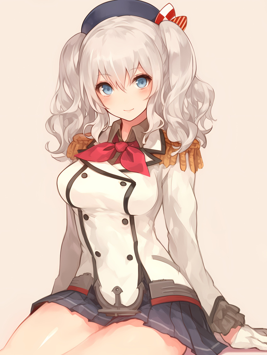 1girl absurdres beret blue_eyes blush breasts commentary_request epaulettes frilled_sleeves frills gloves gradient_background grey_hair hat highres jacket kantai_collection kashima_(kancolle) large_breasts long_hair long_sleeves looking_at_viewer military military_jacket military_uniform neckerchief pink_background pleated_skirt red_neckerchief sitting skirt smile solo twintails uniform wavy_hair white_gloves yuekuratsu