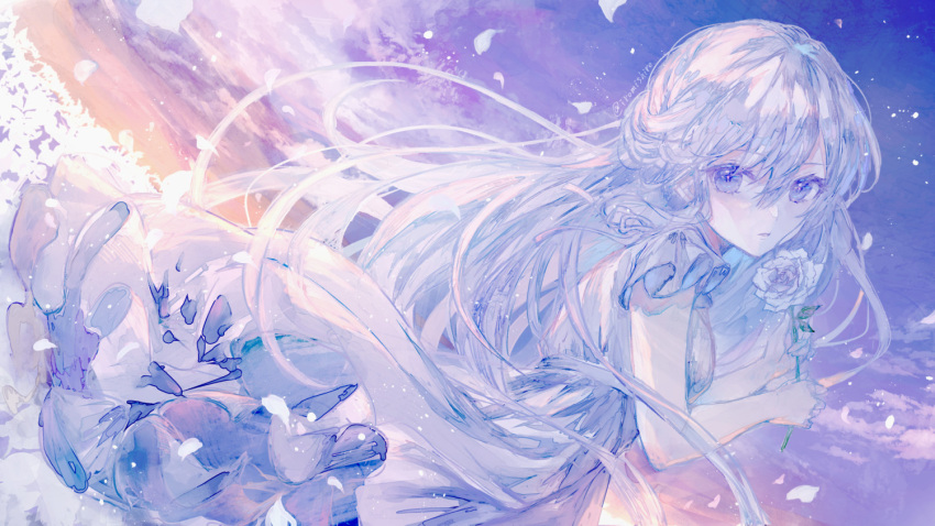 1girl breasts commission dusk dutch_angle falling_petals flower holding holding_flower leaf light_particles long_hair looking_at_viewer medium_breasts mishiro_(iromishiro) original outdoors parted_lips petals purple_flower purple_hair purple_rose purple_sky purple_theme rose short_sleeves skeb_commission sky solo violet_eyes