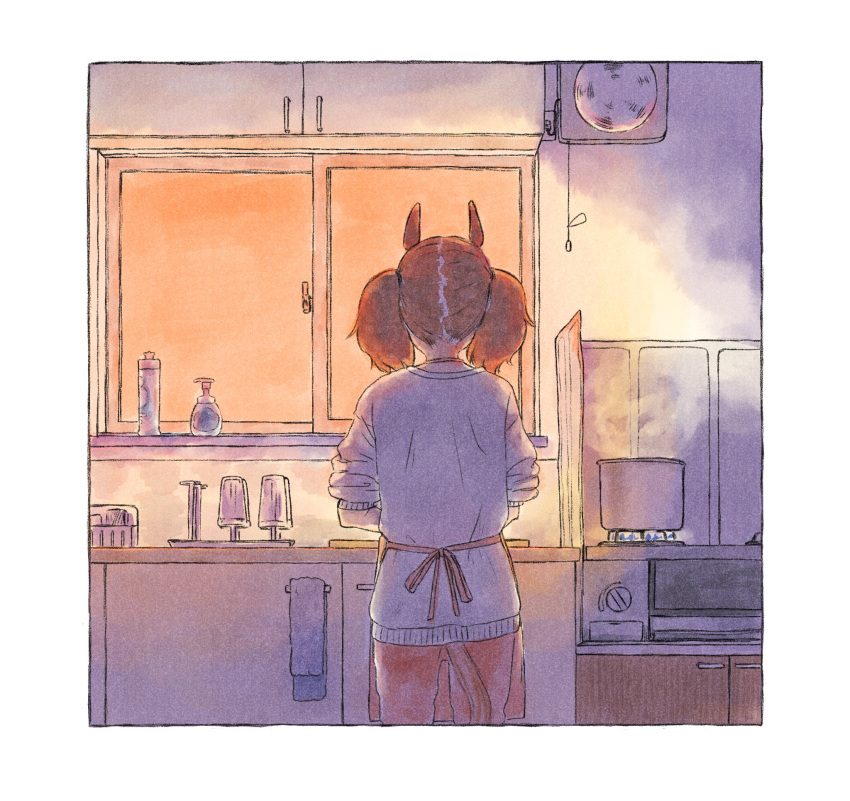 1girl animal_ears apron border cabinet cooking_pot cutting_board from_behind highres horse_ears horse_girl horse_tail indoors nice_nature_(umamusume) pants red_pants redhead shirt short_hair sleeves_rolled_up solo standing steam stove tail taruhi towel twintails umamusume white_shirt window
