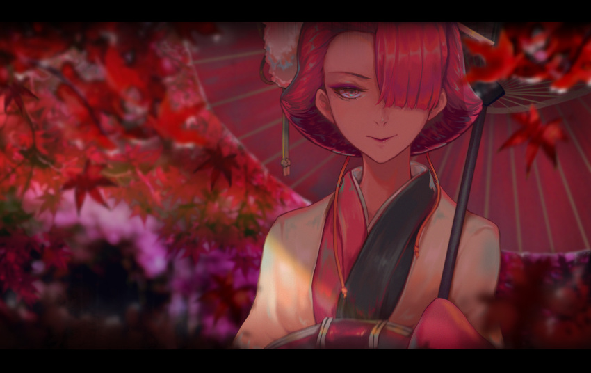 1girl absurdres autumn_leaves black_kimono blurry blurry_background bungou_stray_dogs closed_mouth commentary eyeshadow falling_leaves hair_ornament hair_over_one_eye hair_stick haori highres holding holding_umbrella japanese_clothes kaibab kimono leaf letterboxed lips lipstick long_sleeves looking_at_viewer makeup maple_leaf oil-paper_umbrella one_eye_covered ozaki_kouyou_(bungou_stray_dogs) pink_kimono rain red_eyes red_eyeshadow red_lips red_umbrella redhead short_hair smile solo two-tone_kimono umbrella upper_body white_haori