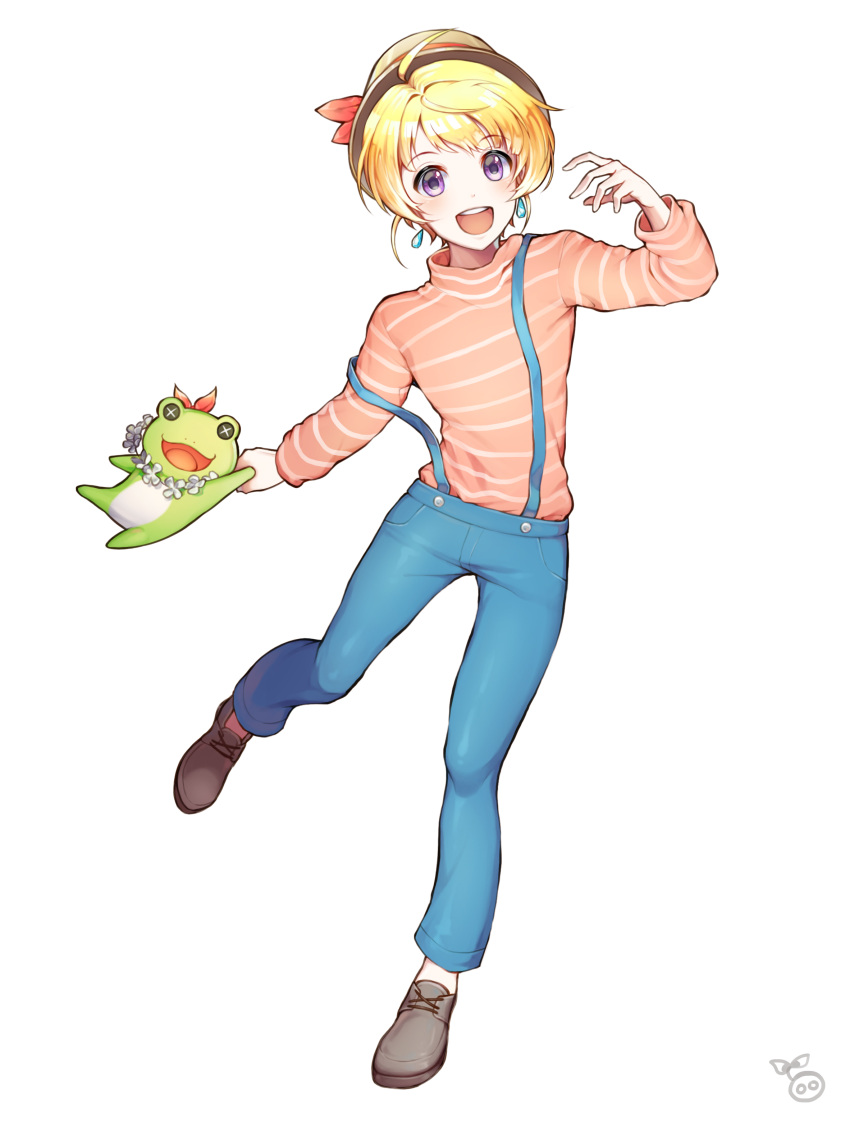 1boy :d absurdres androgynous blonde_hair blue_pants earrings full_body grey_footwear hat highres holding idolmaster idolmaster_side-m jewelry long_sleeves looking_at_viewer lumeru_33 male_focus otoko_no_ko pants pierre_bichelberger pink_shirt shirt shoes simple_background smile strap_slip striped_clothes striped_shirt stuffed_animal stuffed_frog stuffed_toy suspenders violet_eyes white_background