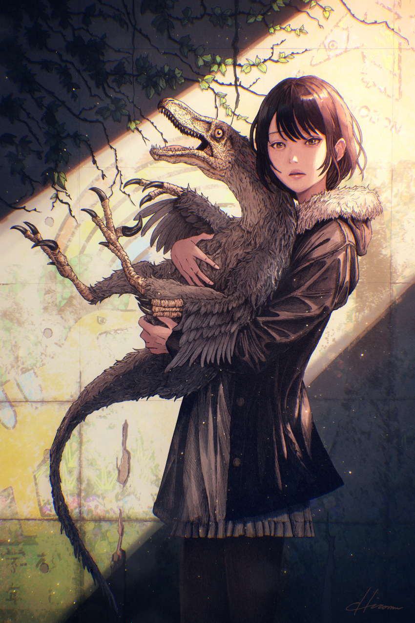 1girl absurdres animal black_thighhighs brown_eyes brown_hair claws commentary cowboy_shot dinosaur dress english_text expressionless feathered_dinosaur feathered_wings fur-trimmed_jacket fur_trim graffiti grey_dress highres hiromumaru holding holding_animal hood hood_down hooded_jacket jacket light_particles looking_at_viewer open_clothes open_jacket open_mouth original parted_lips plant prehistoric_animal rainbow sharp_teeth short_hair signature solo standing swept_bangs talons teeth thigh-highs tile_wall tiles tongue velociraptor vines wings