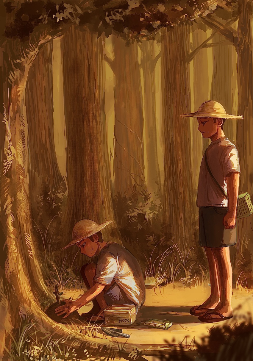 2boys aged_down alternate_costume behind_another black_hair black_shorts box child closed_mouth commentary_request evening expressionless forest from_side golden_kamuy grave hat highres insect_cage looking_at_another looking_down male_focus mole mole_on_cheek multiple_boys nature no_socks ogata_hyakunosuke open_mouth osakanaman_7 outdoors profile sandals shadow shirt short_hair short_sleeves shorts shoulder_strap sidelighting squatting standing straw_hat summer t-shirt translated trowel usami_tokishige very_short_hair wide_shot
