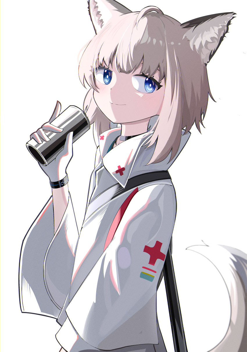 1girl absurdres animal_ear_fluff animal_ears arknights black_choker blue_eyes brown_hair can choker closed_mouth eyebrows_hidden_by_hair fox_ears fox_girl fox_tail from_side gloves hand_up highres holding holding_can jacket looking_at_viewer looking_to_the_side simple_background smile solo spam_(spamham4506) sussurro_(arknights) tail white_background white_gloves white_jacket