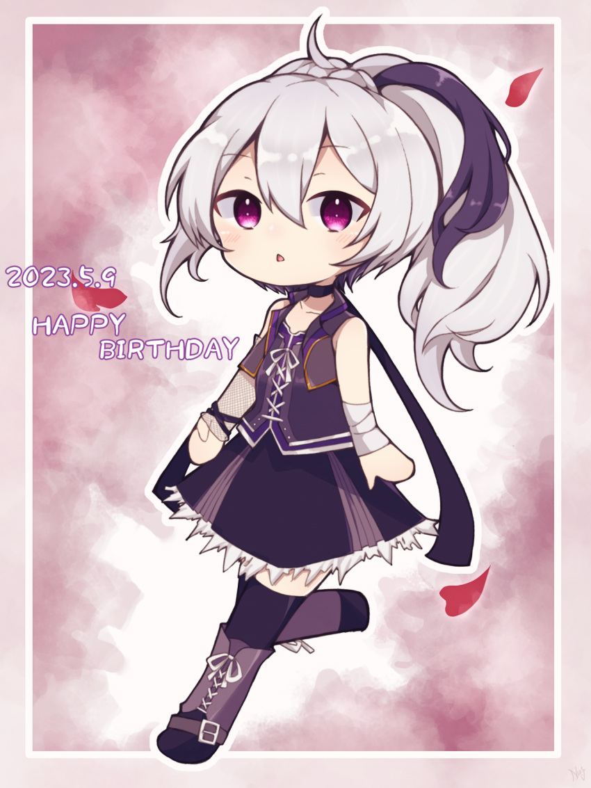 1girl :&lt; bandaged_arm bandages blush boots chibi choker cross-laced_footwear dated fishnet_gloves fishnets flower_(vocaloid) flower_(vocaloid3) full_body gloves happy_birthday highres lace-up_boots long_hair looking_at_viewer multicolored_hair open_mouth petals ponytail purple_hair rageno0000 shirt single_glove skirt sleeveless sleeveless_shirt solo thigh-highs vest violet_eyes vocaloid white_hair