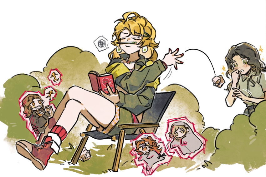 2girls :o ankle_boots anne_(reverse:1999) blonde_hair blonney blush boots bracelet brown_hair bush closed_eyes closed_mouth cross-laced_footwear crossed_legs director's_chair drawing_(object) earrings full_body green_eyes green_jacket green_shorts highres holding holding_notebook jacket jewelry lace-up_boots long_hair long_sleeves multiple_girls notebook official_art on_chair pen pencil_as_mustache red_footwear red_socks reverse:1999 shirt shorts sitting socks sonetto_(reverse:1999) sparkle spoken_squiggle squiggle throwing tooth_fairy_(reverse:1999) vertin_(reverse:1999) white_background white_shirt wrapping_paper yuri