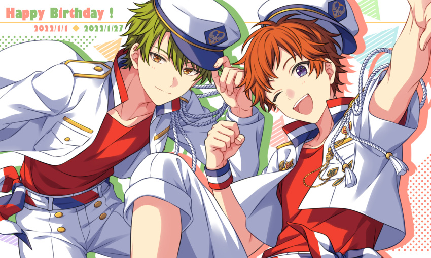 2boys armband blue_eyes closed_mouth commentary_request cropped_jacket drop_shadow feet_out_of_frame green_hair happy_birthday hat highres jacket kamiya_inori knee_up kojo_arata looking_at_viewer male_focus multiple_boys on_air! one_eye_closed open_clothes open_jacket open_mouth orange_hair pants pants_rolled_up red_shirt sailor_hat sekina shirt smile tassel white_background white_headwear white_jacket white_pants yellow_eyes