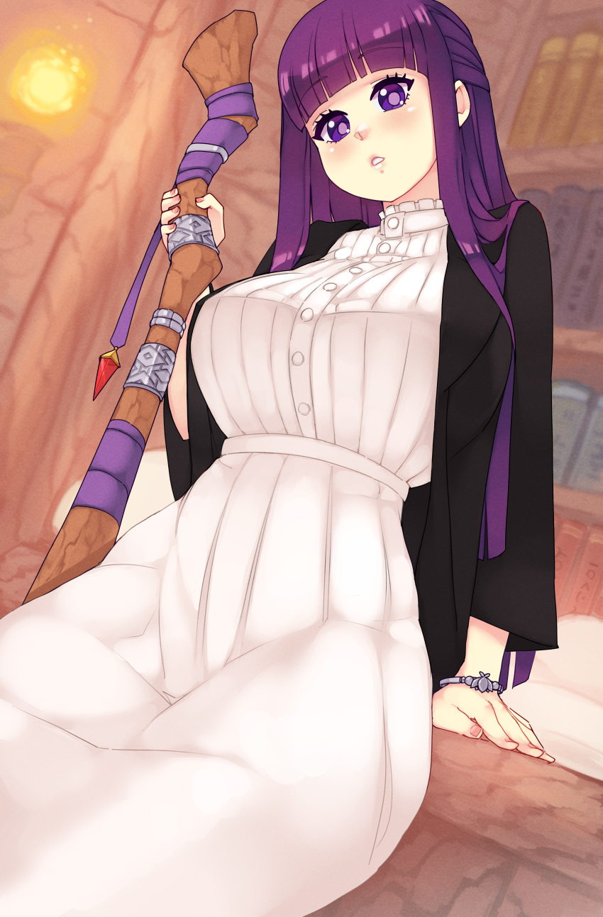 1girl absurdres black_coat blunt_bangs blush breasts coat dress fern_(sousou_no_frieren) highres holding holding_staff indoors large_breasts long_hair long_sleeves looking_at_viewer open_clothes open_coat purple_hair rtil solo sousou_no_frieren staff straight_hair violet_eyes white_dress