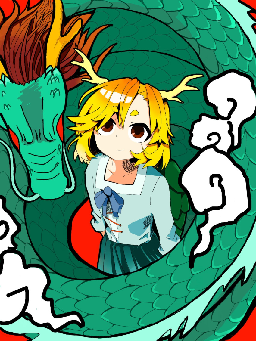 1girl a_xian antlers aqua_shirt aqua_skirt blonde_hair blue_ribbon brown_eyes chinese_commentary closed_mouth commentary commentary_request dragon flat_chest highres horns kicchou_yachie looking_up pleated_skirt ribbon shirt short_hair skirt smile solo symbol-only_commentary touhou