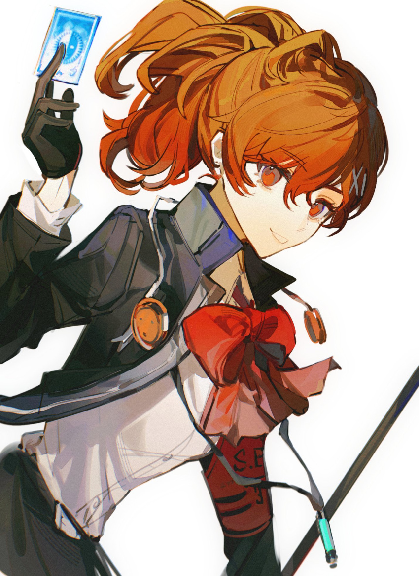 1girl arm_up armband black_jacket black_skirt bow bowtie brown_hair card digital_media_player elbow_gloves gloves gradient_hair hair_between_eyes hair_ornament hairclip headphones headphones_around_neck highres hikawayunn holding holding_card jacket long_sleeves looking_at_viewer multicolored_hair orange_hair persona persona_3 persona_3_portable ponytail red_armband red_bow red_bowtie red_eyes redhead shiomi_kotone shirt simple_background skirt solo white_background white_shirt