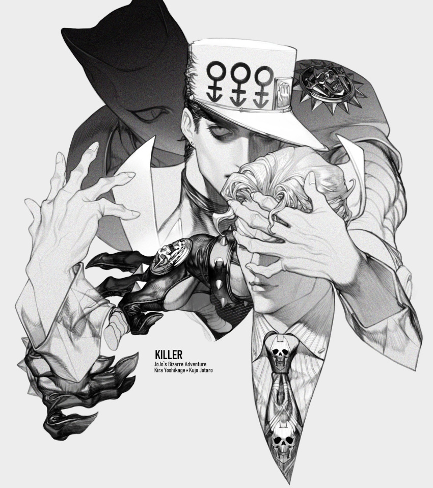 2boys androgyne_symbol character_name collared_shirt copyright_name covering_another's_eyes cropped_head diamond_wa_kudakenai disembodied_limb earrings english_text greyscale hat_over_one_eye highres impossible_clothes jewelry jojo_no_kimyou_na_bouken kidlu_jiu killer_queen kira_yoshikage kujo_jotaro looking_at_viewer male_focus monochrome multiple_boys necktie popped_collar shirt short_hair simple_background skull_print stand_(jojo) striped_clothes striped_shirt stud_earrings vertical-striped_clothes vertical-striped_shirt very_short_hair