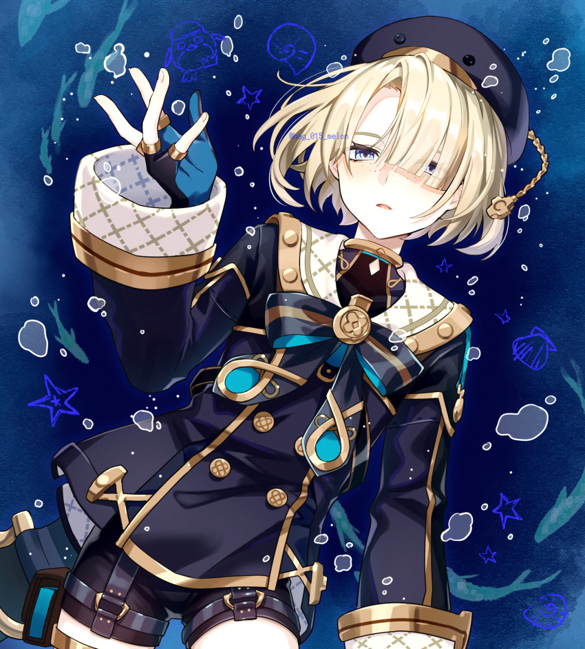 1boy air_bubble black_headwear black_shorts blonde_hair blue_eyes bubble fish freckles freminet_(genshin_impact) genshin_impact gloves hagehiro hair_between_eyes hat highres long_sleeves looking_at_viewer male_focus parted_lips partially_fingerless_gloves seashell shell shorts solo star_(symbol) starfish underwater