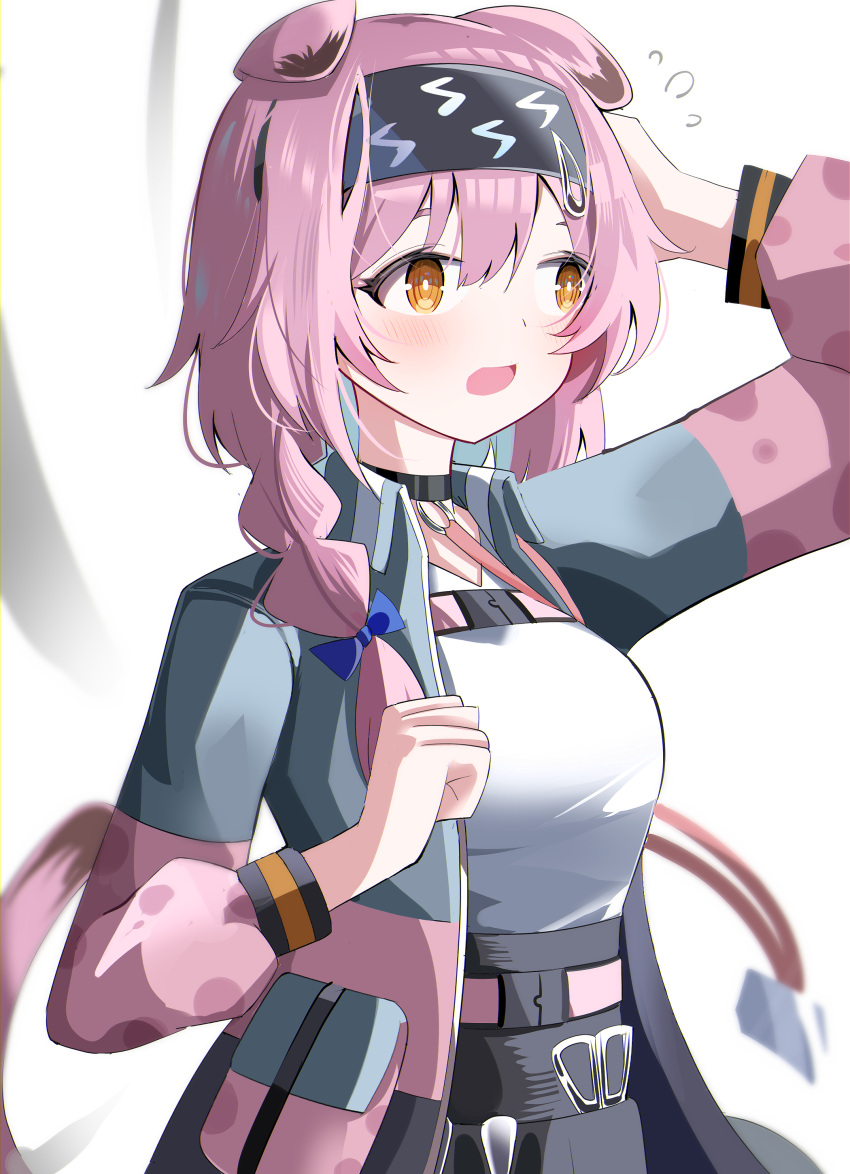 1girl absurdres animal_ears arknights arm_behind_head arm_up black_hairband black_skirt blue_bow bow braid breasts cat_ears cat_girl cat_tail eyebrows_hidden_by_hair flying_sweatdrops goldenglow_(arknights) grey_jacket hair_between_eyes hair_bow hair_over_shoulder hairband highres jacket lightning_bolt_print long_hair long_sleeves medium_breasts open_clothes open_jacket orange_eyes pink_hair print_hairband puffy_long_sleeves puffy_sleeves shirt single_braid skirt solo spam_(spamham4506) tail white_background white_shirt