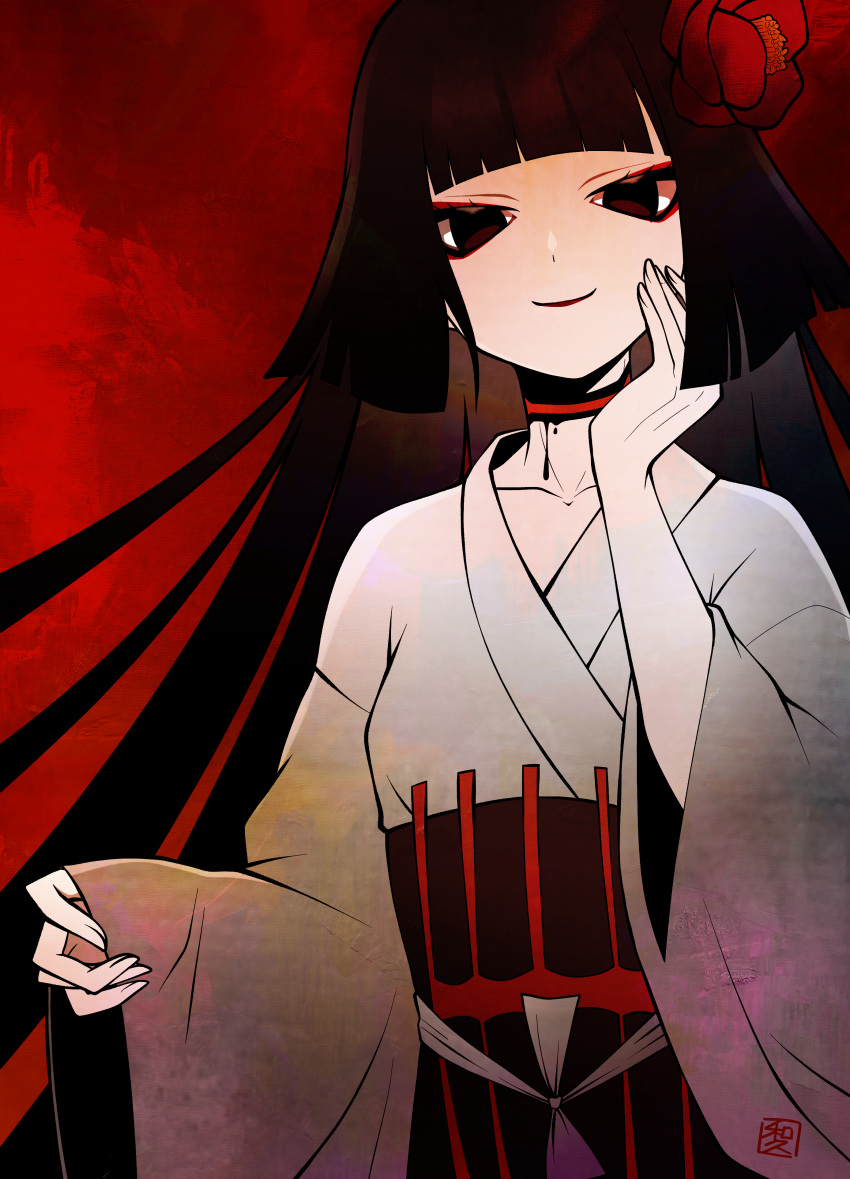 1girl absurdres black_eyes blunt_bangs closed_mouth commentary_request eyeliner fate/grand_order fate_(series) hand_on_own_face highres hime_cut japanese_clothes kimono komahime_(fate) long_hair long_sleeves looking_at_viewer makeup pale_skin red_background red_eyeliner red_lips smile solo upper_body wagu_neru white_kimono wide_sleeves