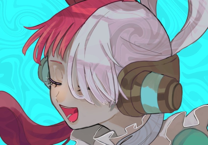 1girl blue_background close-up closed_eyes commentary headphones highres multicolored_hair music one_eye_closed one_piece one_piece_film:_red open_mouth redhead singing solo two-tone_hair uta_(one_piece) waniwani_zatta white_hair