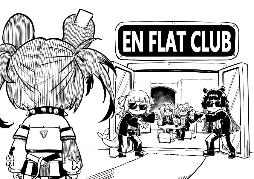 5girls :3 absurdres animal_collar animal_ears arms_at_sides belt chibi clenched_hands closed_mouth collar commentary couch crop_top cup detached_sleeves diamond_hairband dog_ears dog_girl drinking_glass english_commentary english_text facing_away fins fish_tail fuwawa_abyssgard gawr_gura greyscale hair_flaps hair_ornament hakos_baelz hakos_baelz_(1st_costume) hatching_(texture) highres hololive hololive_english jacket koseki_bijou linear_hatching long_hair long_sleeves mococo_abyssgard monochrome mouse_ears mouse_girl mouse_tail multiple_girls necktie ninomae_ina'nis on_couch open_door open_mouth outstretched_arms own_hands_together pants pointy_ears rectangular_eyewear shark_girl shark_tail shirt shoes short_hair short_sleeves sidelocks sign sitting skirt smile spiked_collar spikes standing strapless strapless_shirt suit suit_jacket sunglasses table tail twintails two_side_up v-shaped_eyebrows virtual_youtuber x_hair_ornament zetsuental