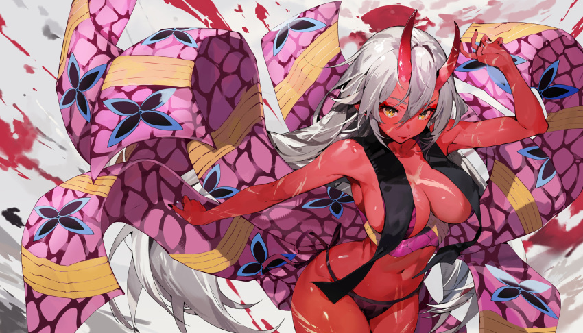 1girl absurdres ayumeyatto black_nails black_pantyhose black_stole bra colored_skin double-parted_bangs highres horns long_hair looking_at_viewer oni original pantyhose purple_bra red_oni red_skin scar scar_on_arm scar_on_chest scar_on_face scar_on_leg underwear white_hair yellow_eyes