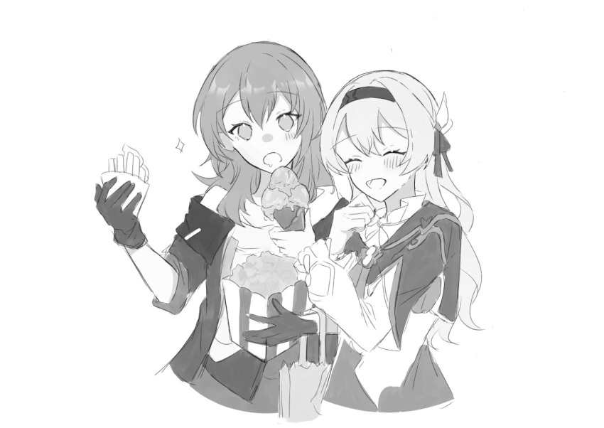 2girls :d :o blush bow closed_eyes collared_shirt cropped_jacket cropped_legs facing_viewer firefly_(honkai:_star_rail) food gloves greyscale hair_between_eyes hair_bow hair_intakes hair_ribbon hairband hand_to_own_mouth holding holding_food holding_ice_cream honkai:_star_rail honkai_(series) ice_cream jacket kyuurinasu long_hair long_sleeves looking_at_viewer monochrome multiple_girls no_pupils off-shoulder_jacket off_shoulder open_clothes open_jacket open_mouth ribbon shirt side-by-side sidelocks sleeves_rolled_up smile stelle_(honkai:_star_rail) trailblazer_(honkai:_star_rail) two-sided_fabric two-sided_jacket yuri