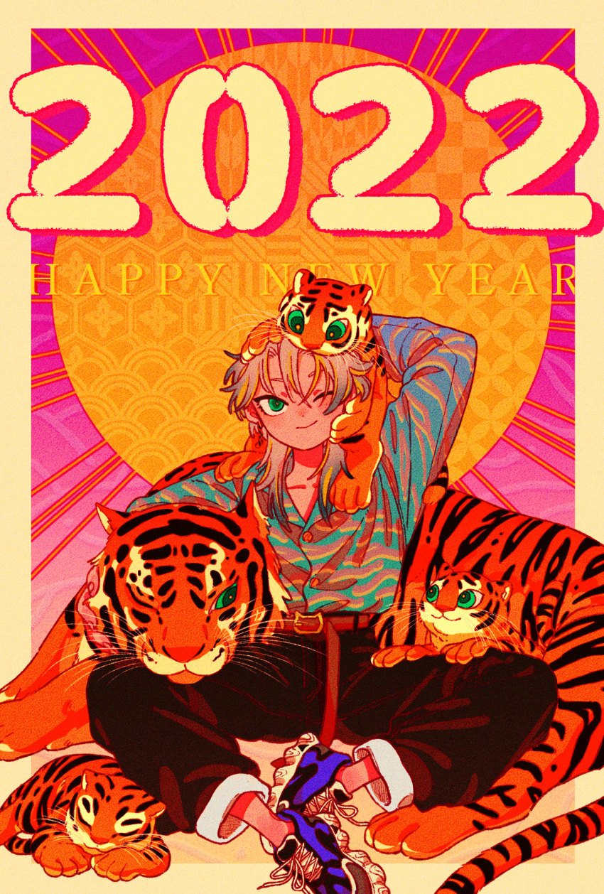 1boy 2022 androgynous animal animal_on_head belt blush chinese_zodiac giri9211 green_eyes grey_hair happy_new_year highres long_hair long_sleeves looking_up male_focus new_year on_head one_eye_closed original pants print_shirt shirt shoes sitting smile sneakers solo tiger tiger_cub year_of_the_tiger