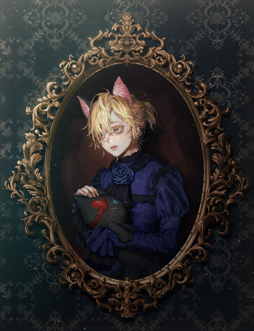 1boy absurdres animal_ear_fluff animal_ears ascot black_ascot blonde_hair blue_dress blue_eyes blue_flower blue_rose bsgkstnals03 button_eyes cat_ears closed_mouth colored_eyelashes commentary crossdressing dress extra_ears fingernails flower hair_over_one_eye hand_up heart highres holding holding_stuffed_toy juliet_sleeves kagamine_len light_particles lipstick long_sleeves lovelessxxx_(vocaloid) makeup male_focus otoko_no_ko picture_frame ponytail portrait_(object) puffy_sleeves rose sleeves_past_fingers sleeves_past_wrists stuffed_animal stuffed_cat stuffed_toy upper_body vanan'ice vocaloid wallpaper_(object)