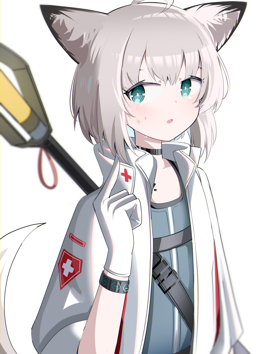 1girl absurdres ahoge animal_ear_fluff animal_ears arknights black_choker blue_eyes blush brown_hair choker dress fox_ears fox_girl fox_tail gloves grey_dress hand_up highres index_finger_raised jacket looking_at_viewer open_clothes open_jacket parted_lips simple_background solo spam_(spamham4506) sussurro_(arknights) sweat tail white_background white_gloves white_jacket