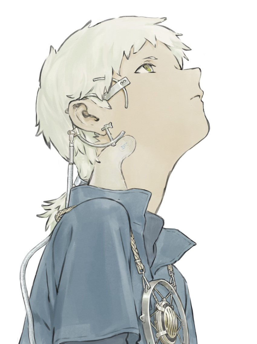 1boy absurdres blue_shirt cable chenrong96 closed_mouth collared_shirt green_eyes headgear highres jewelry looking_up male_focus original pendant popped_collar shirt short_hair simple_background solo upper_body white_background white_hair