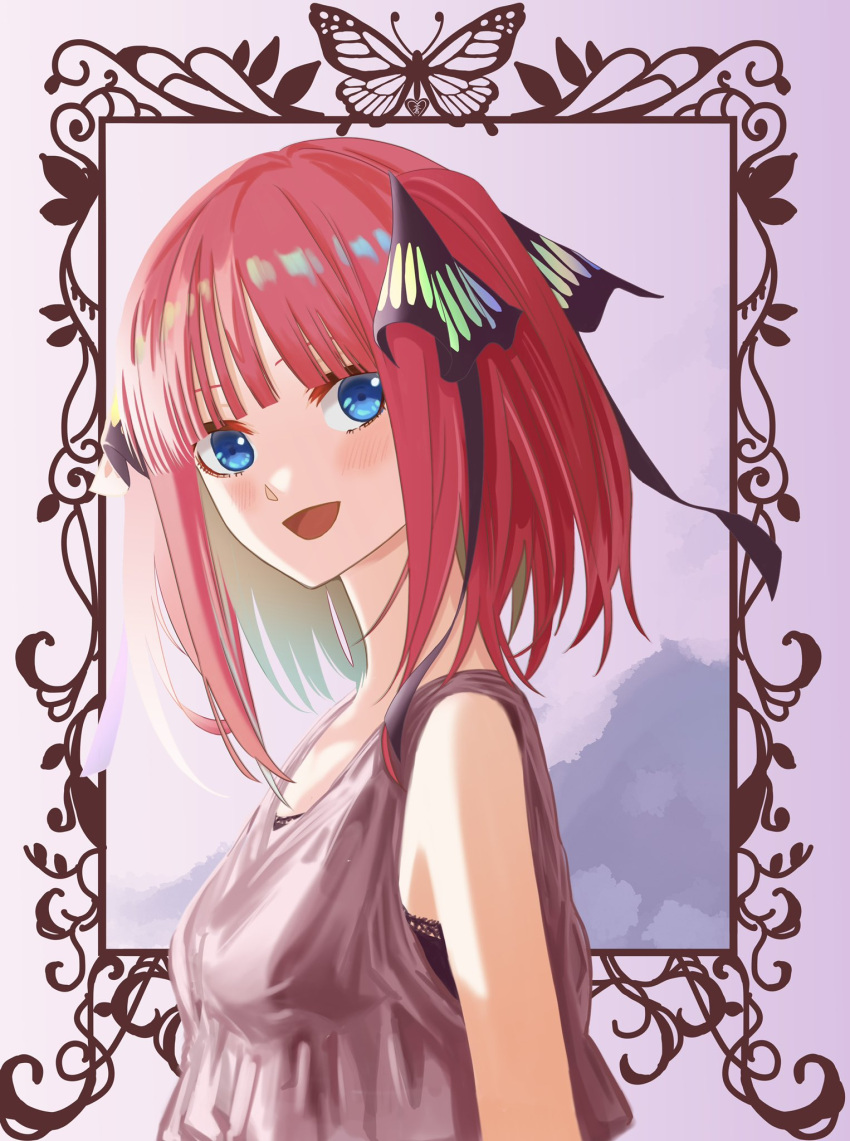 1girl :d blue_eyes blunt_bangs blush border breasts butterfly_hair_ornament commentary_request from_side go-toubun_no_hanayome hair_ornament highres looking_at_viewer looking_to_the_side medium_hair nakano_nino open_mouth ornate_border outside_border purple_background purple_shirt redhead shirt sleeveless sleeveless_shirt smile solo turning_head two_side_up upper_body yosu_ill