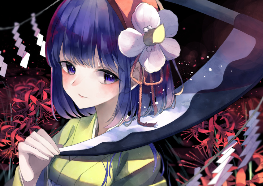 1girl blush closed_mouth commentary_request flower green_kimono hair_flower hair_ornament hieda_no_akyuu highres japanese_clothes jigsaw_paru kimono long_sleeves looking_at_viewer purple_hair red_flower scythe shide short_hair solo spider_lily touhou violet_eyes