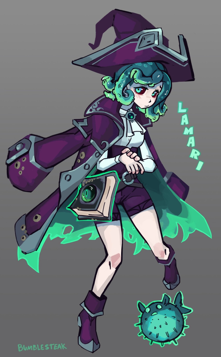 1girl animal_ears artist_name belt blush book boots breasts bumblesteak character_name coat coat_on_shoulders green_eyes green_hair grey_background hat highres lamari looking_at_viewer nose original pirate pirate_hat shoes short_hair simple_background solo witch_hat